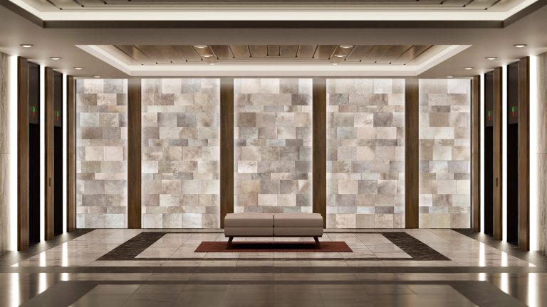 Cowhide Leather Wall Cladding in Lobby Building Interior Architecture