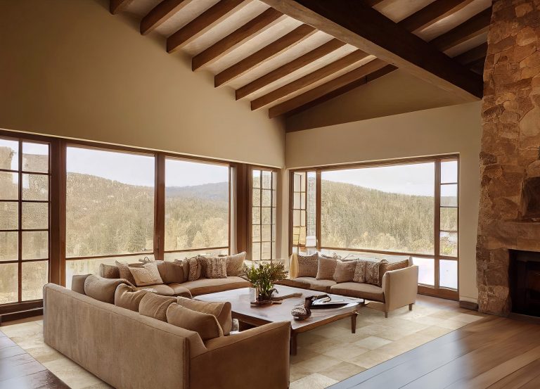 Oversized Hair on Leather Rug in Stone and Wood Living Room